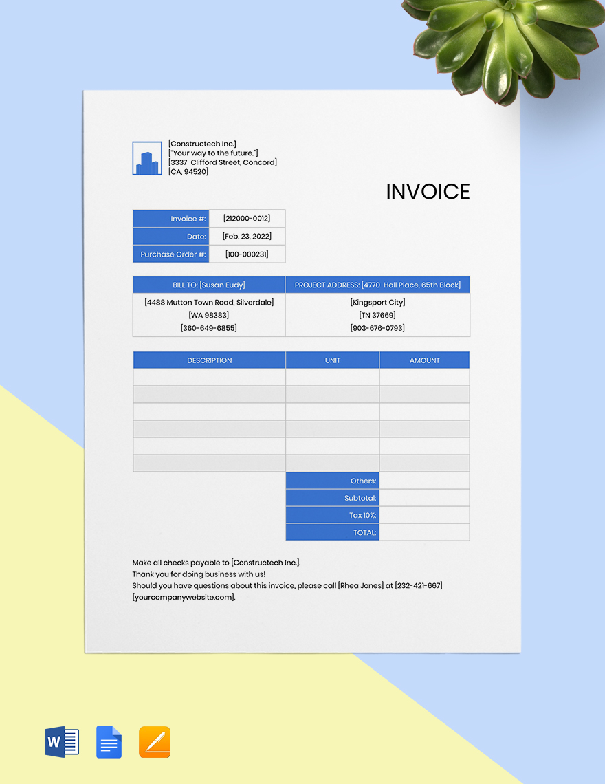 Professional Contractor Invoice Template in Google Sheets, Google Docs, Pages, Word - Download | Template.net