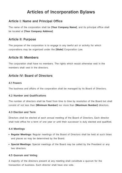 Free Articles of Incorporation Bylaws Template to Edit Online