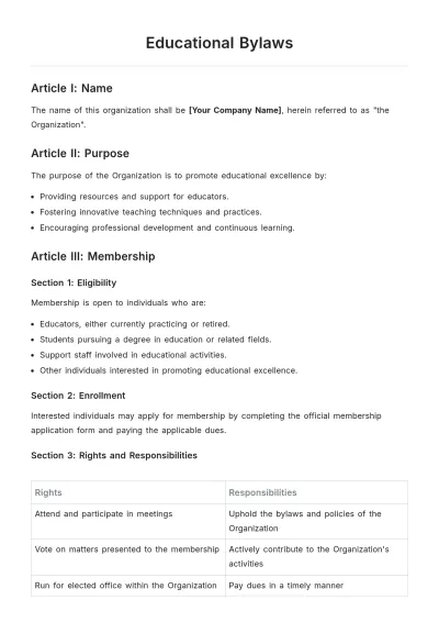 Free Educational Bylaws Template to Edit Online