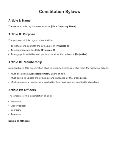 Free Constitution Bylaws Template to Edit Online