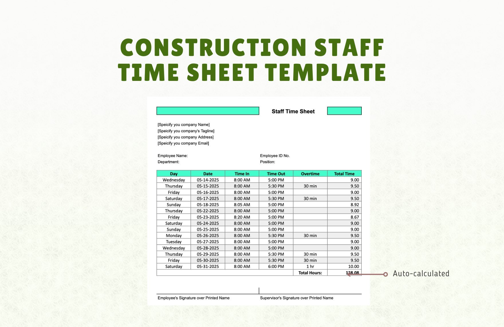 Construction Staff Time Sheet Template