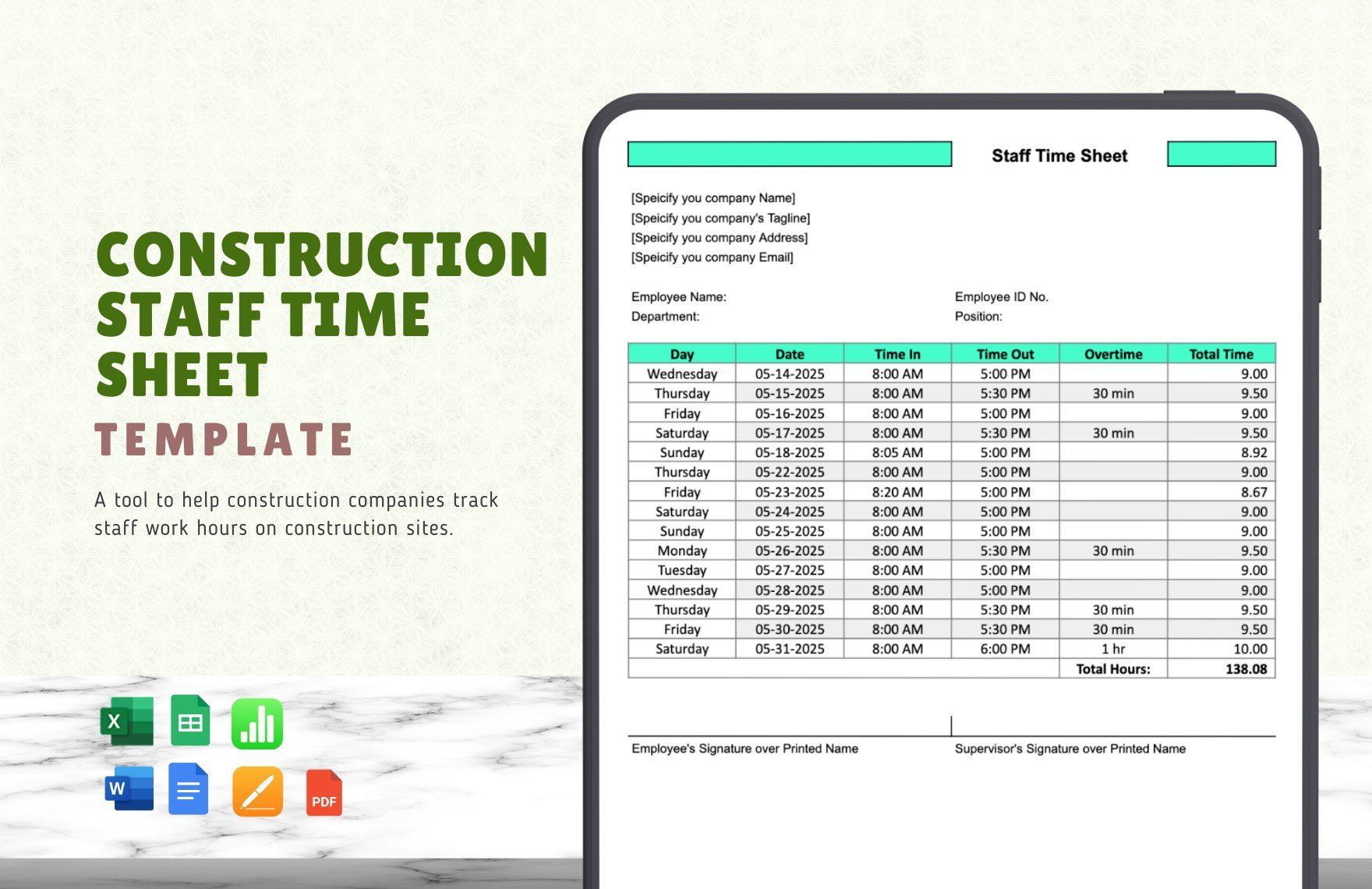 Construction Staff Time Sheet Template