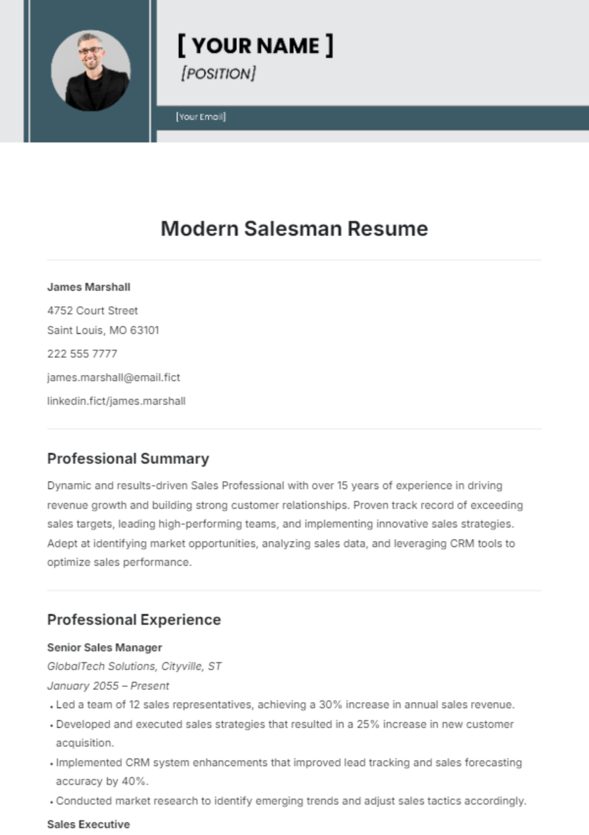 Modern Salesman Resume Template - Edit Online & Download