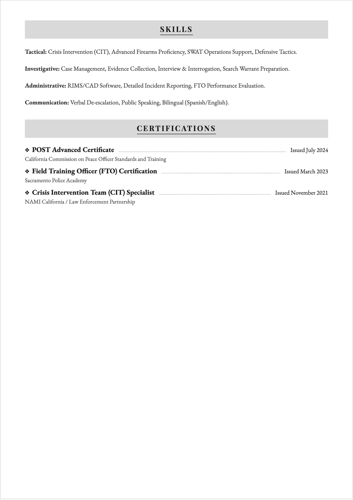 Free Police Design ATS Resume Template, AI Resume Builder