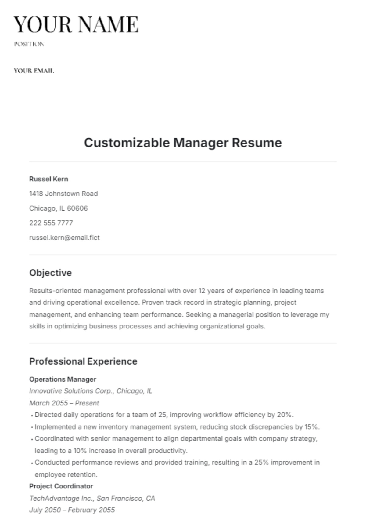 Customizable Manager Resume Template - Edit Online & Download