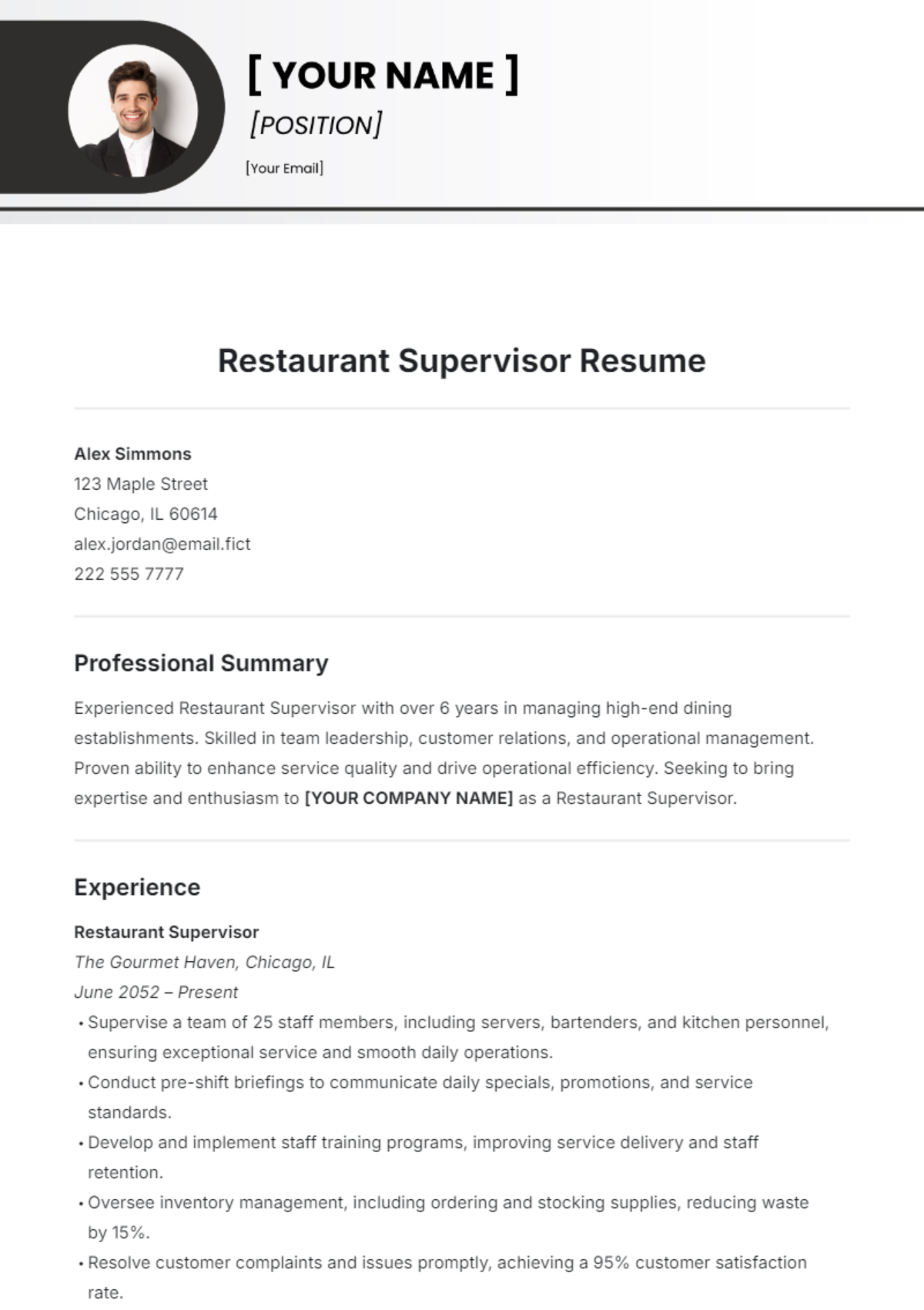 Restaurant Supervisor Resume Template