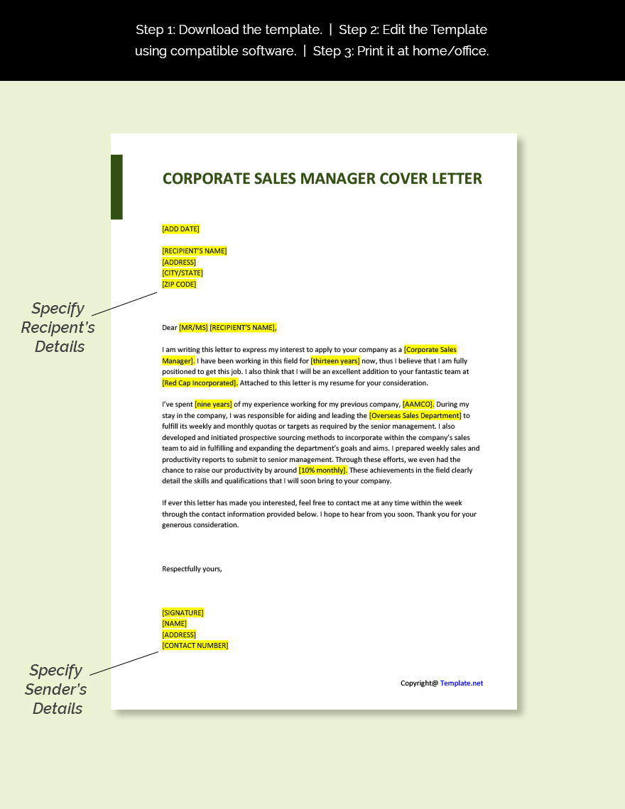 Corporate Sales Manager Cover Letter