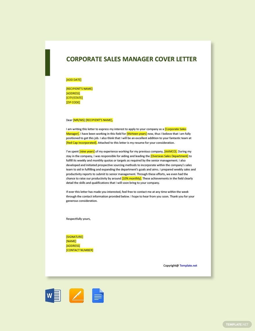 Corporate Sales Manager Cover Letter Template
