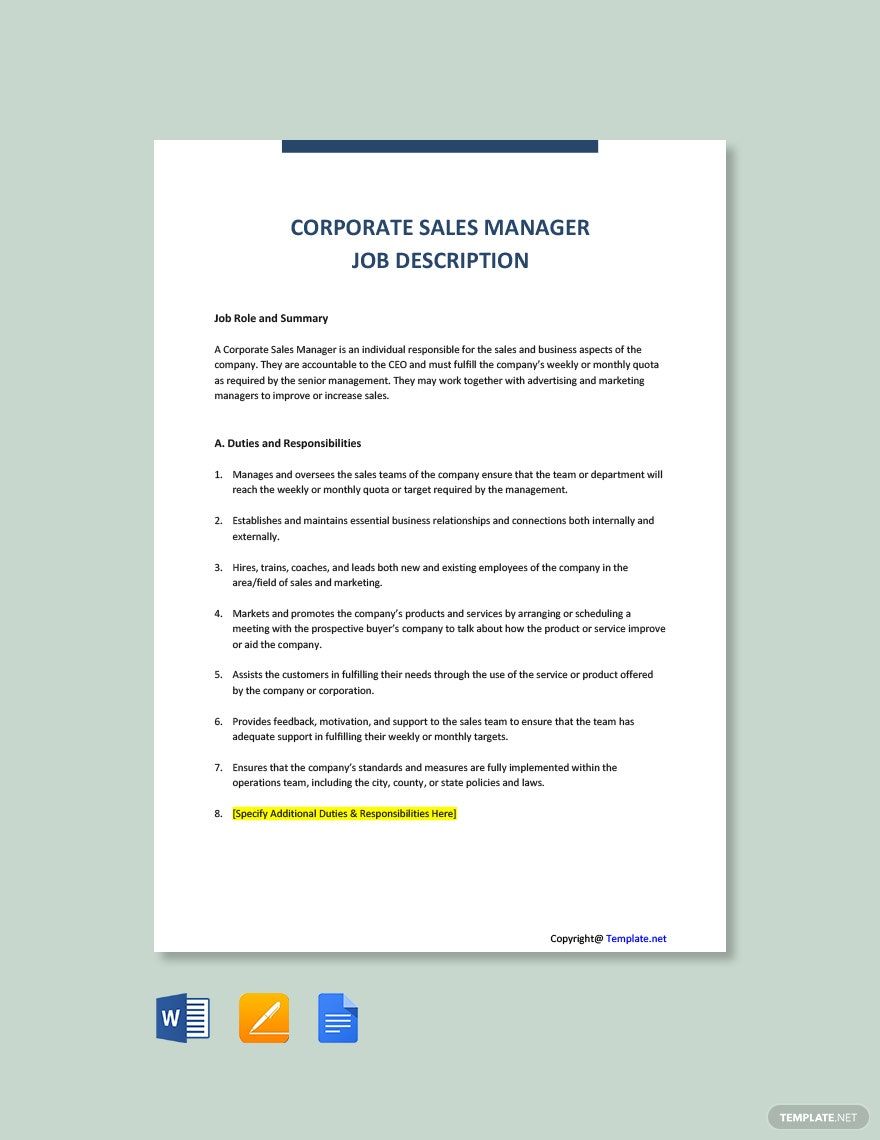 Corporate Sales Manager Job Description Template