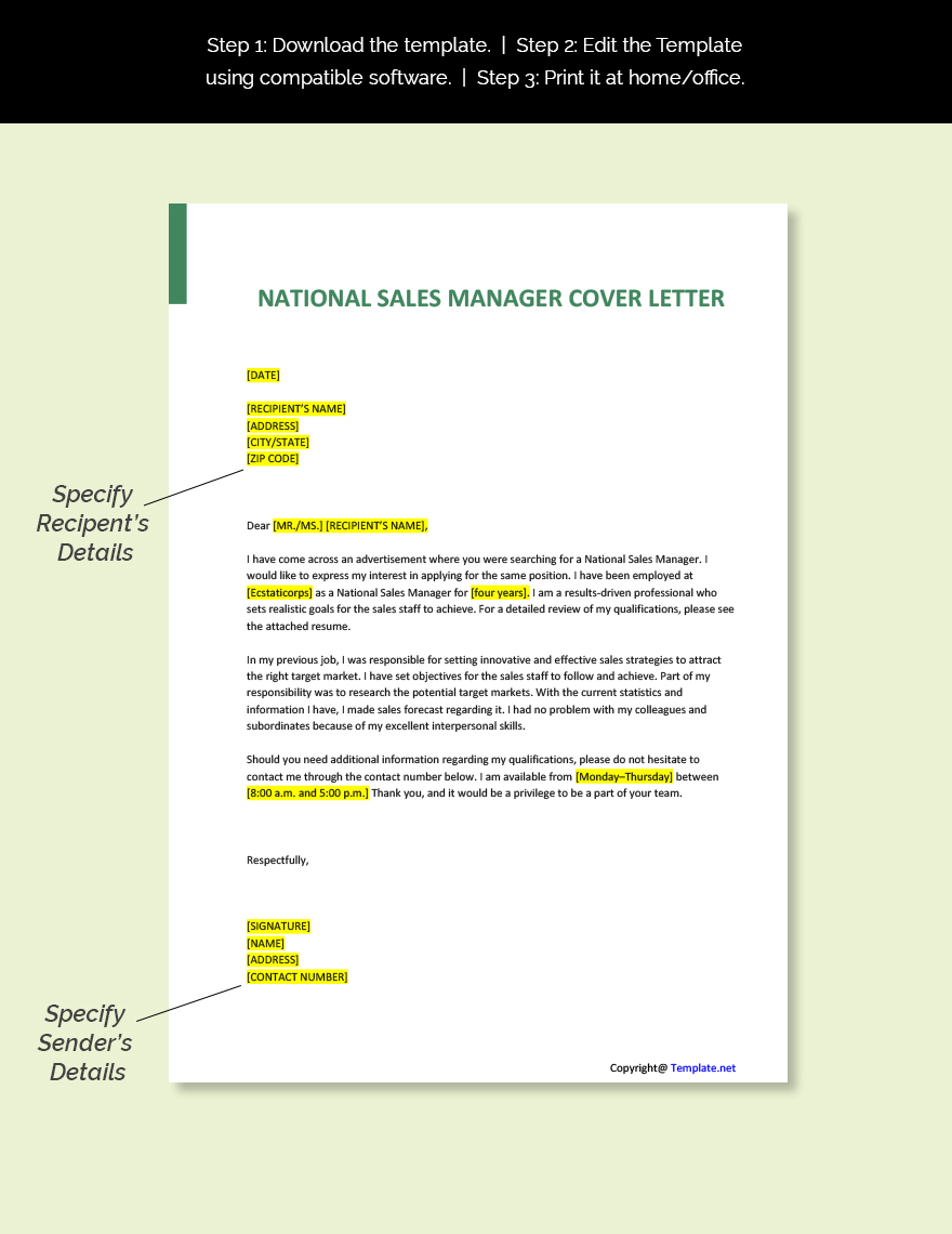 National Sales Manager Cover Letter