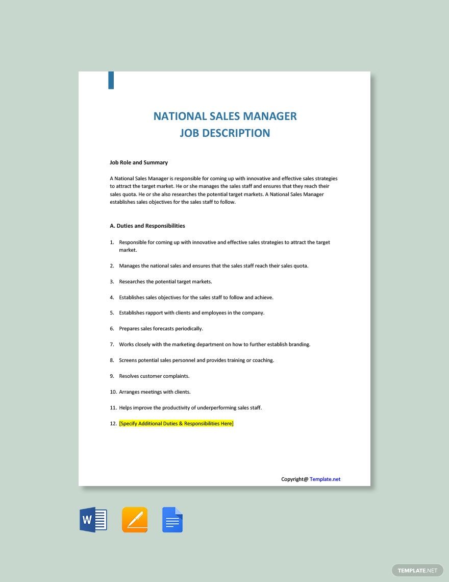 National Sales Head Job Description