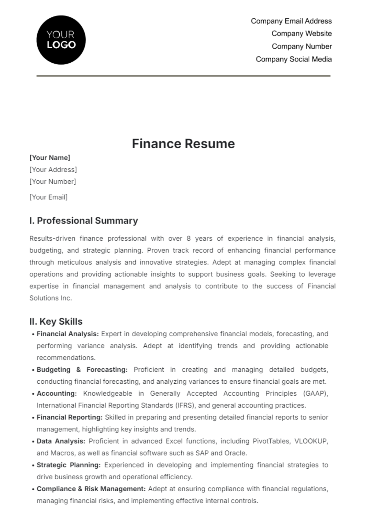 Finance Resume Template - Edit Online & Download