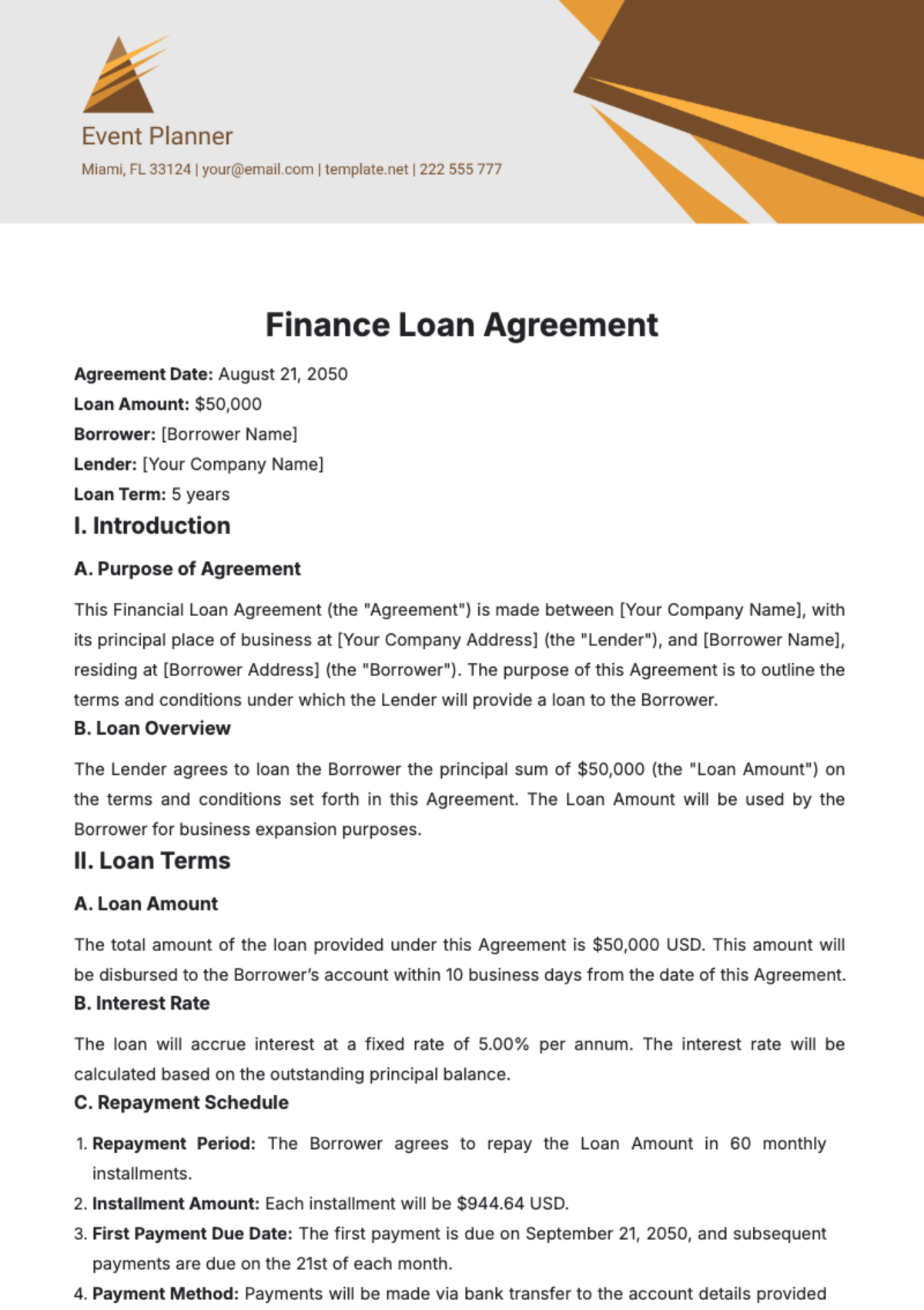 Finance Loan Agreement Template - Edit Online & Download