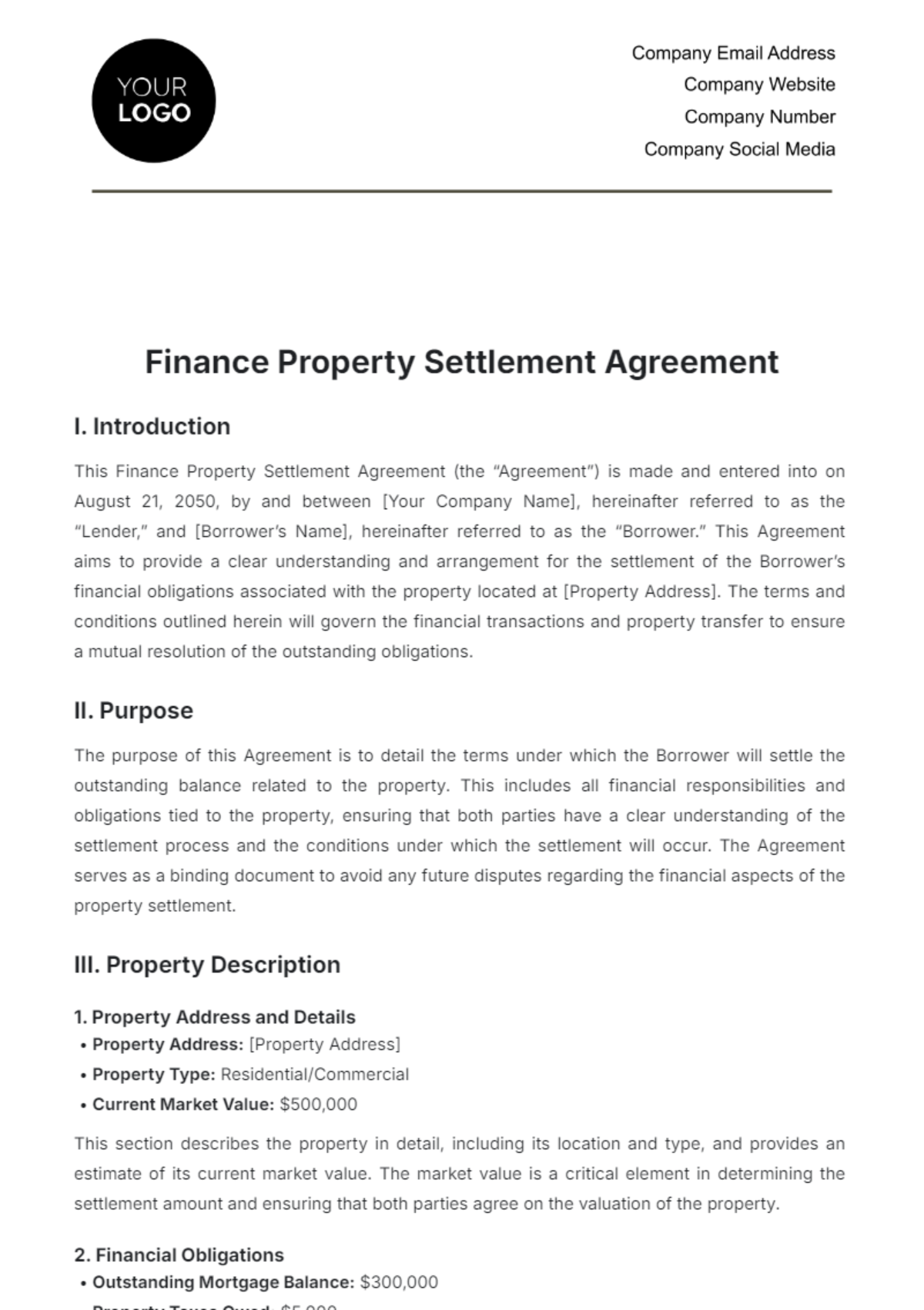 Finance Property Settlement Agreement Template - Edit Online & Download