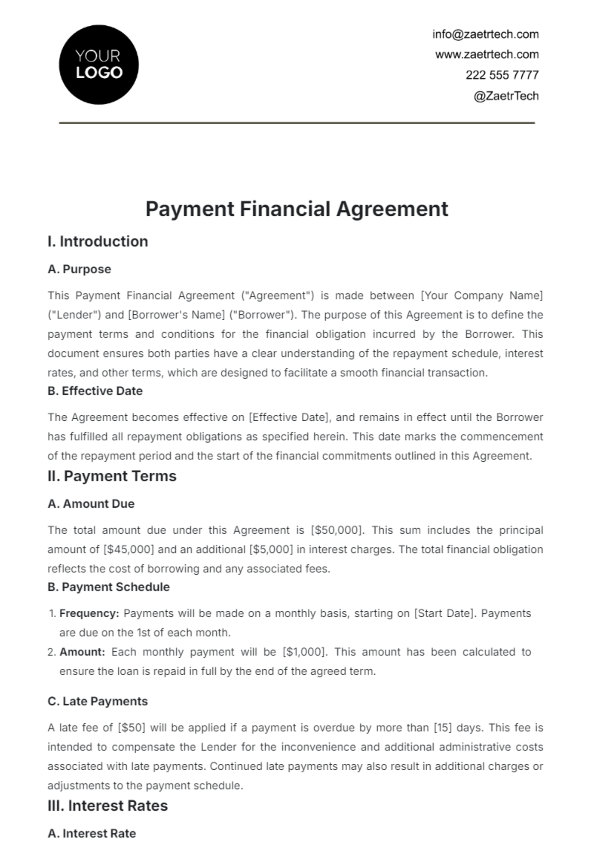 Payment Financial Agreement Template