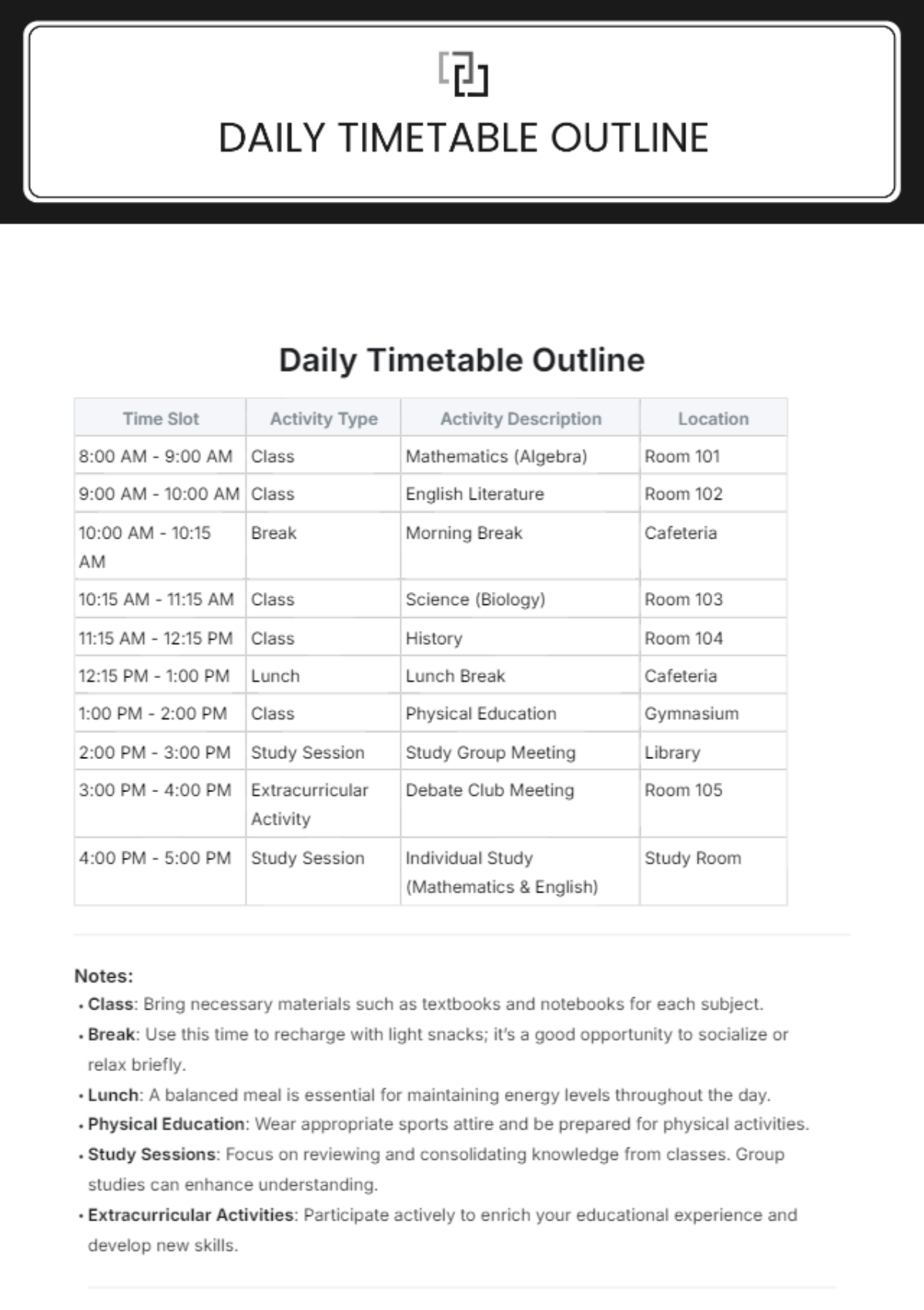 Daily Timetable Outline Template - Edit Online & Download