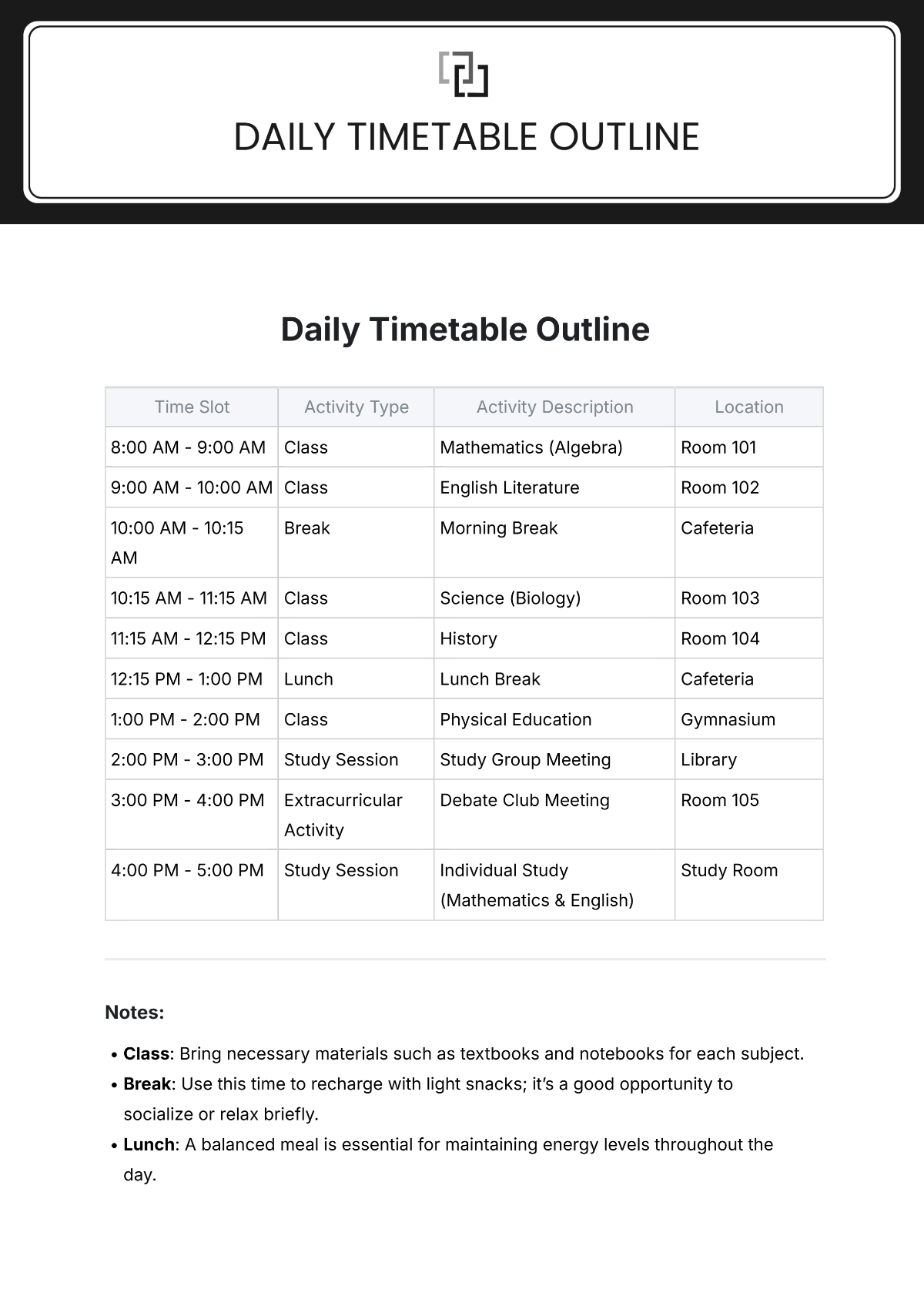 Free Daily Timetable For Kids Template To Edit Online