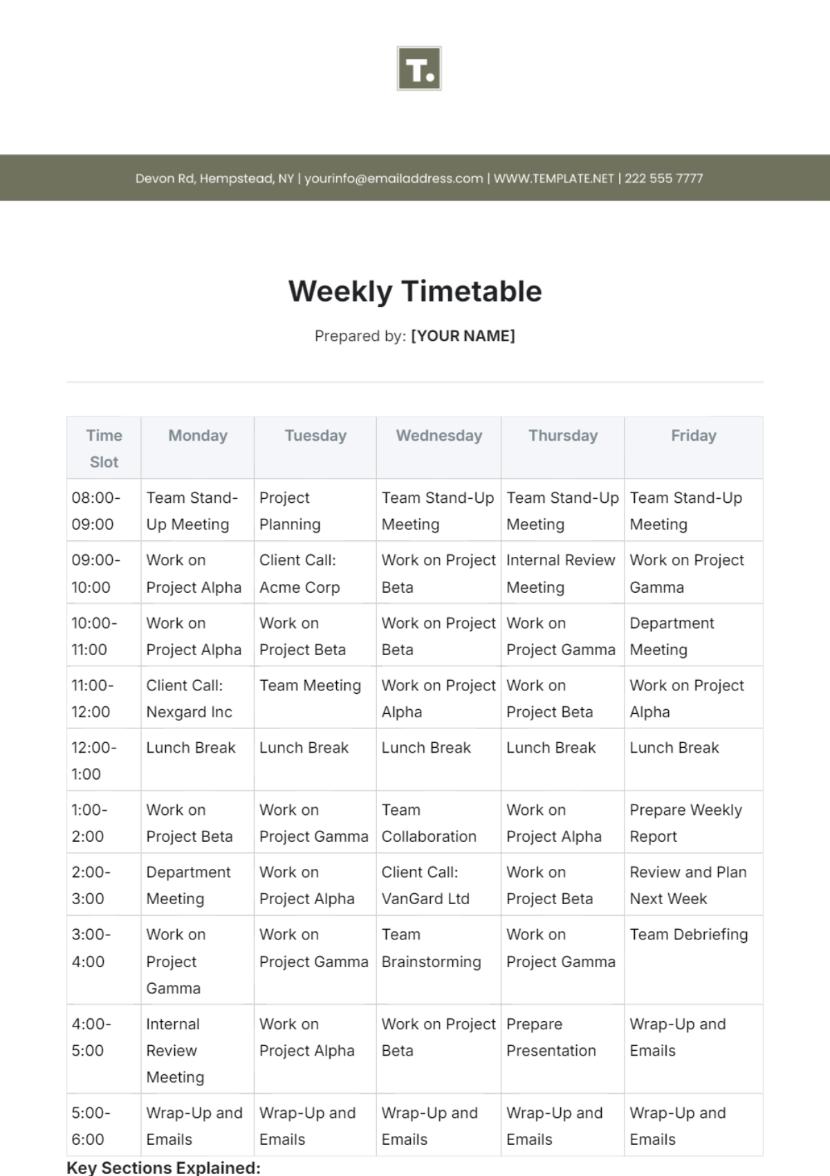 Weekly Timetable Template