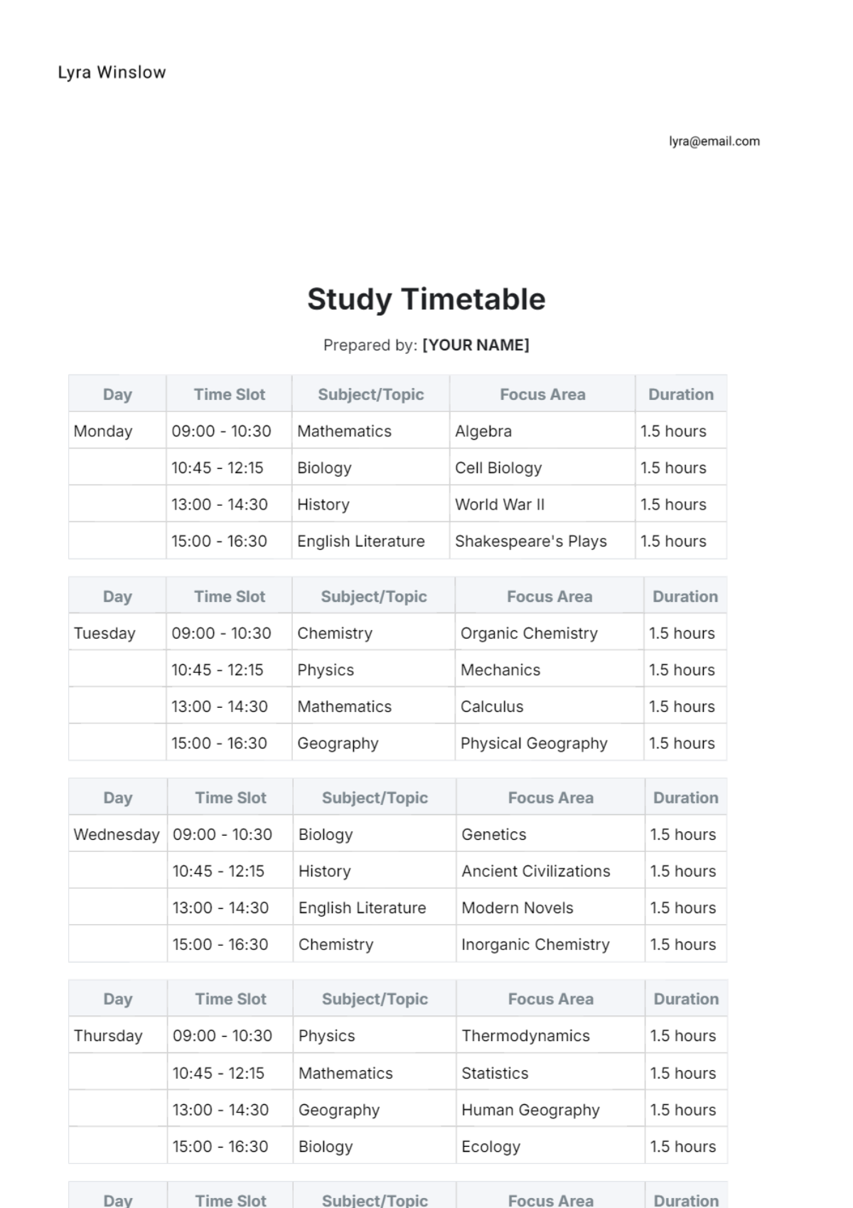 Study Timetable Template