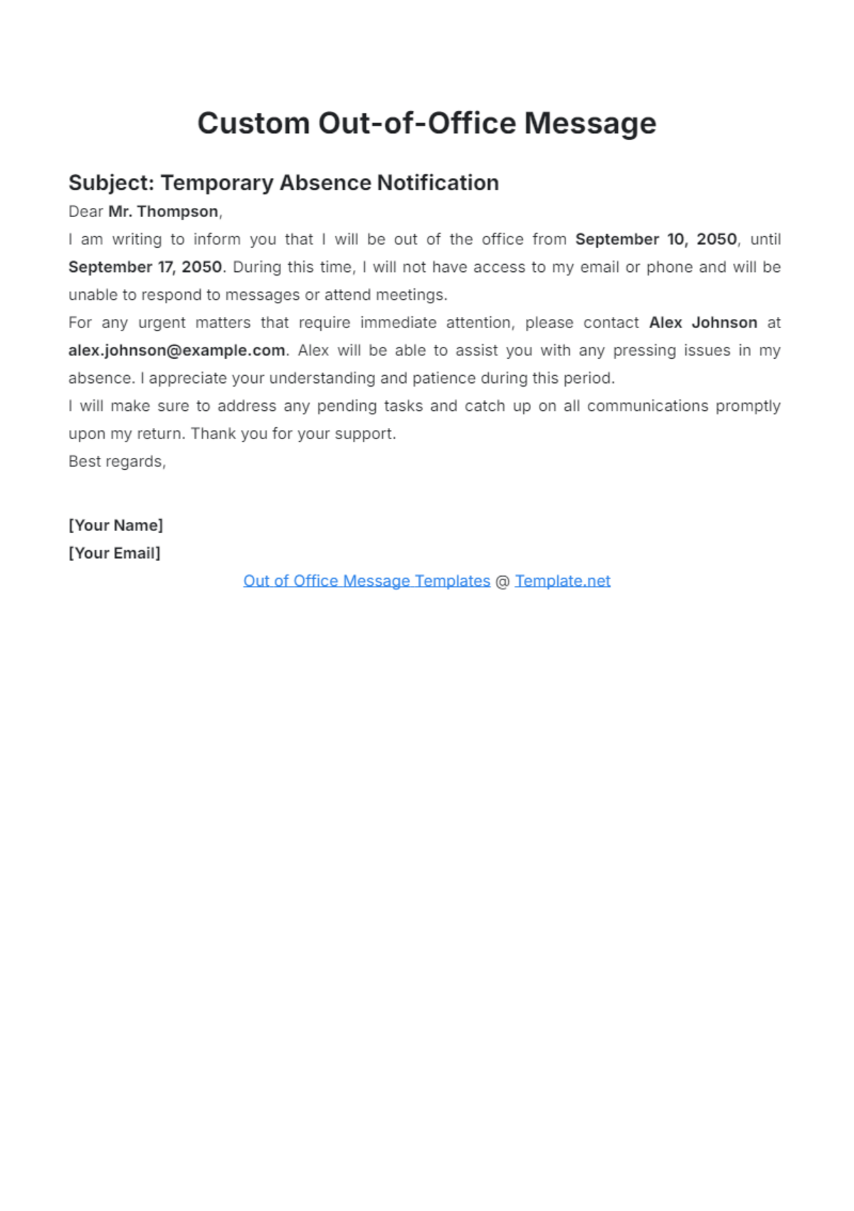 Free Custom Out of Office Message Template