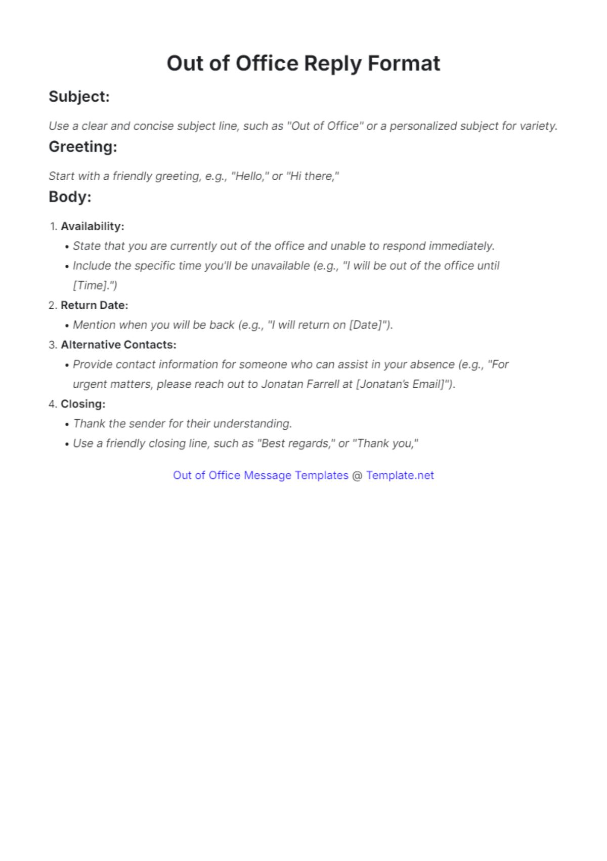Out of Office Reply Format Template