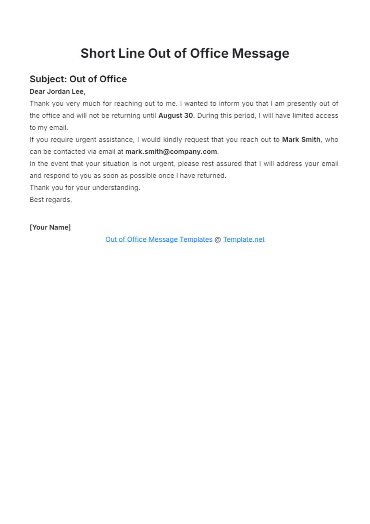 Short Line Out of Office Message Template - Edit Online & Download