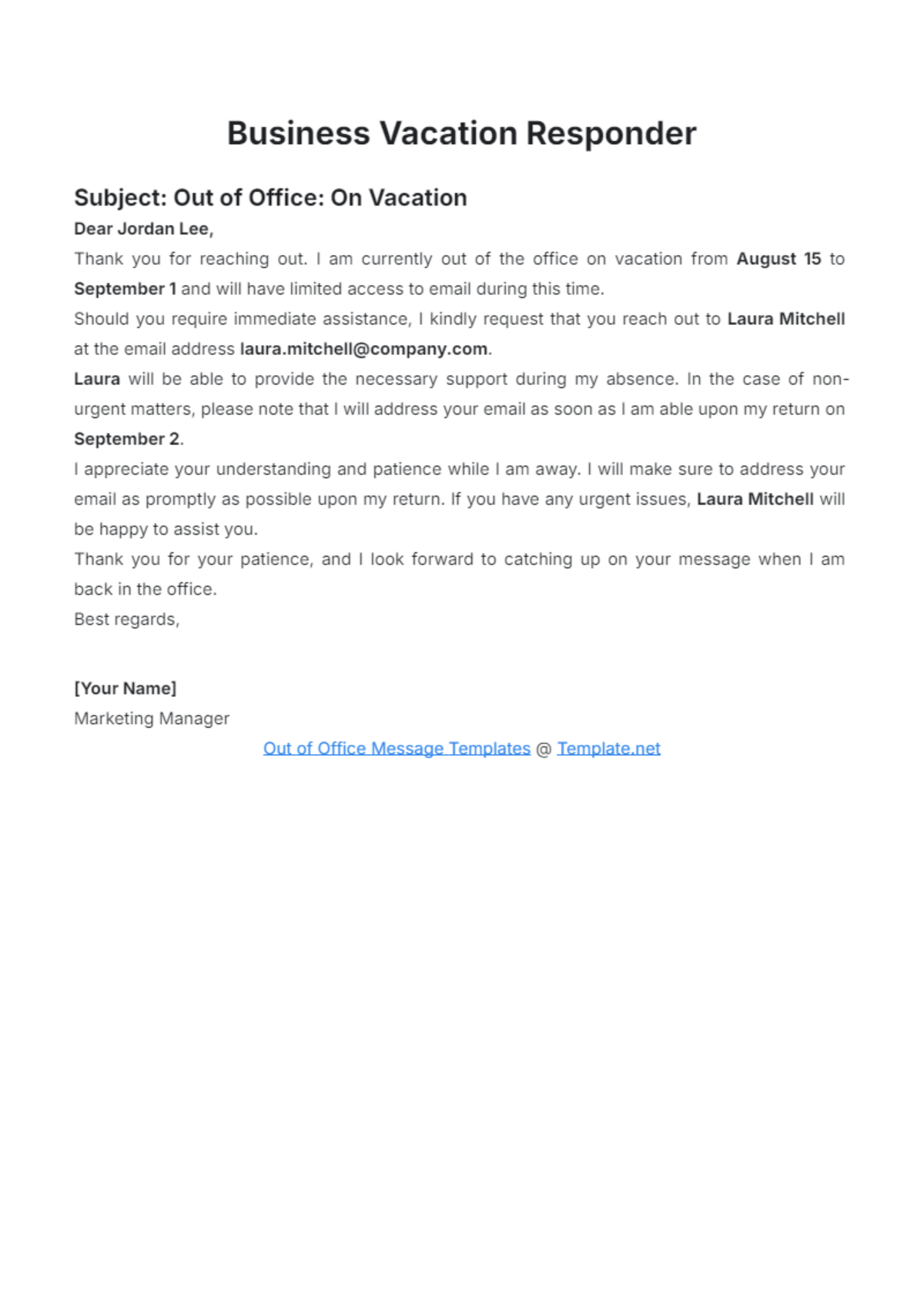 Business Vacation Responder Template - Edit Online & Download