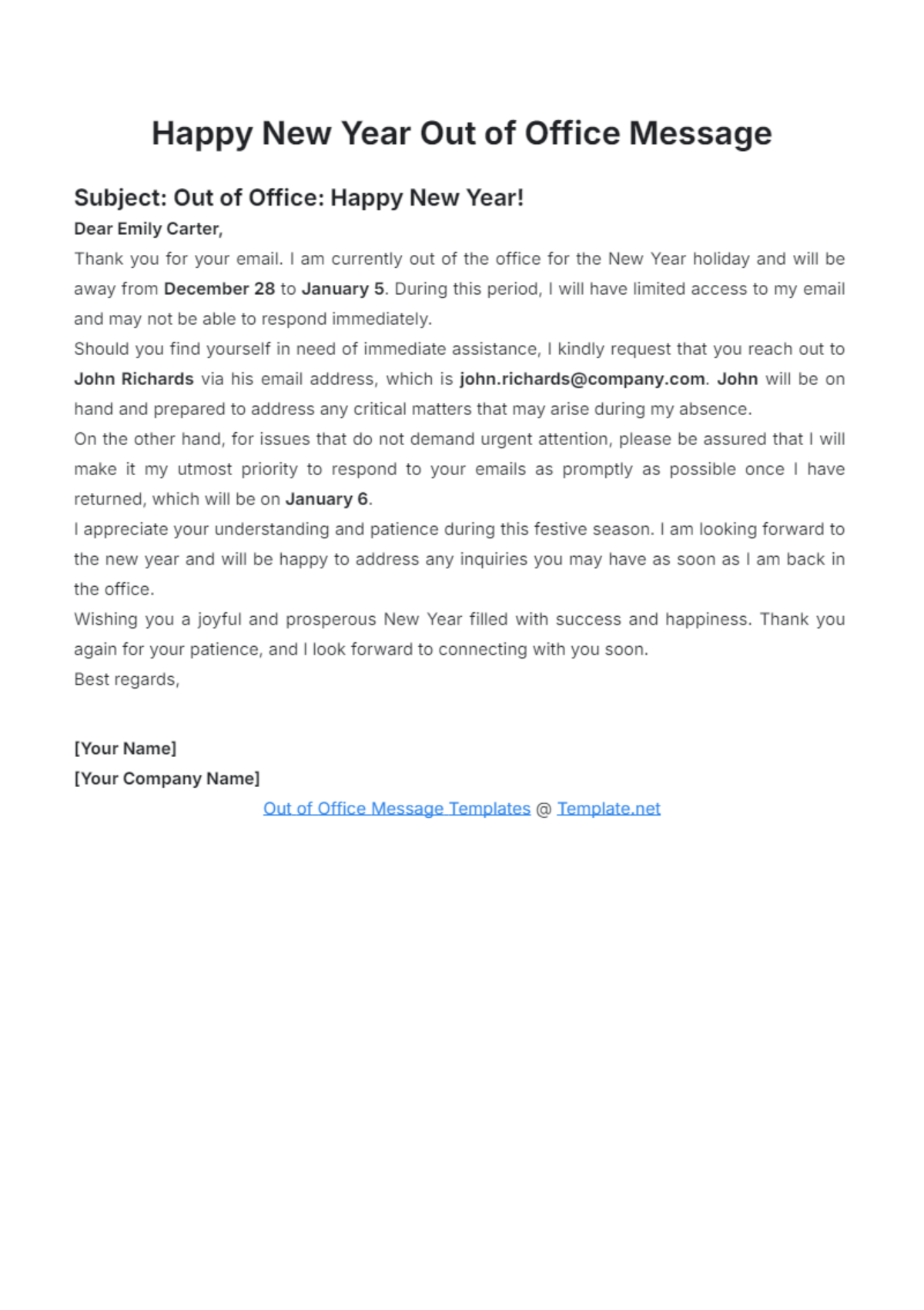 Happy New Year Out of Office Message Template - Edit Online & Download