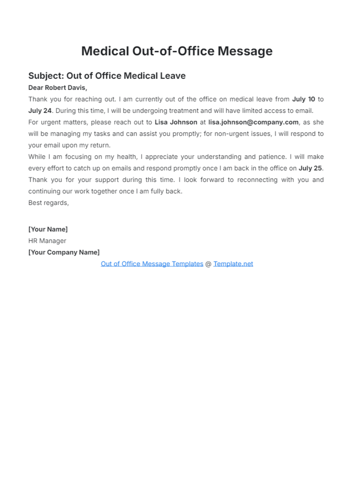 Free Medical Out of Office Message Template