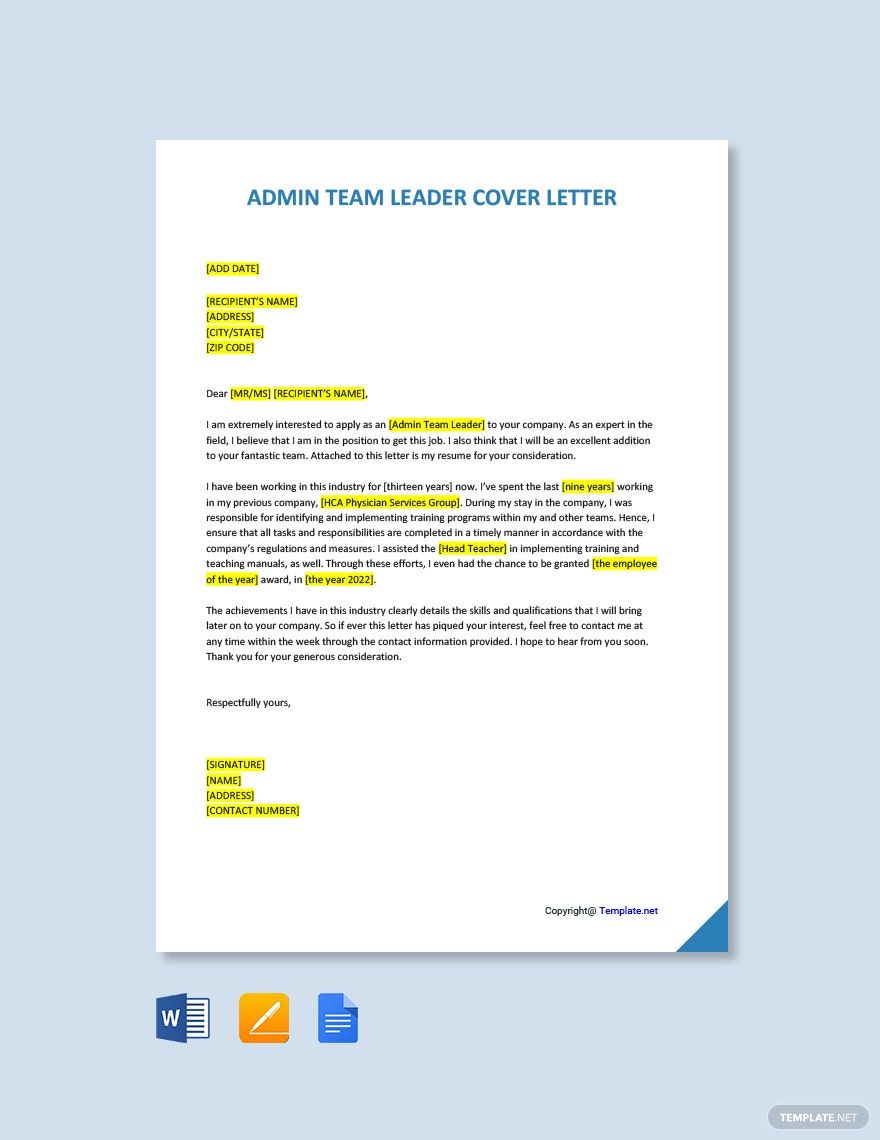 Admin Team Leader Cover Letter