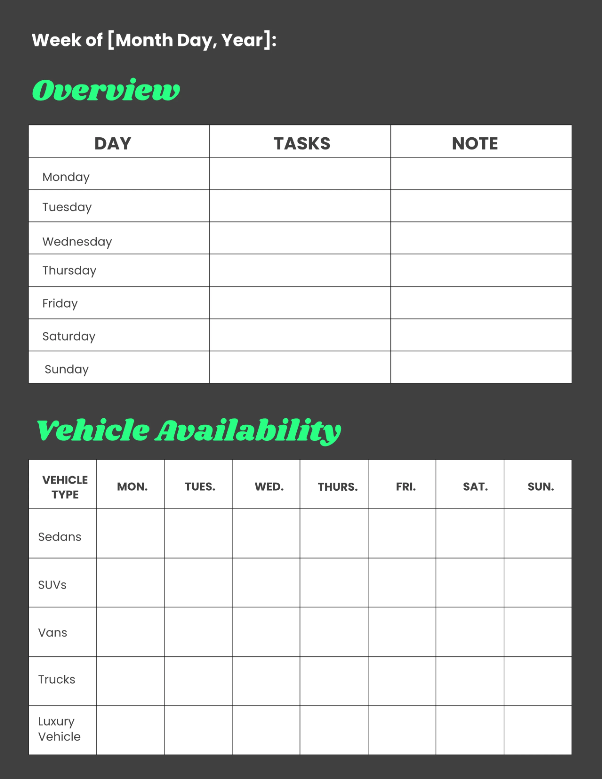 Free Car Rental Weekly Planner Template to Edit Online