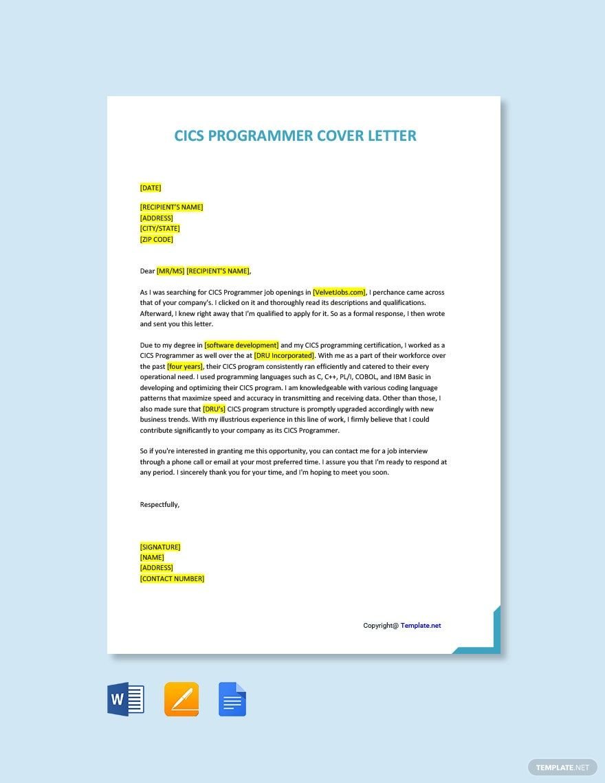 CICS Programmer Cover Letter Template