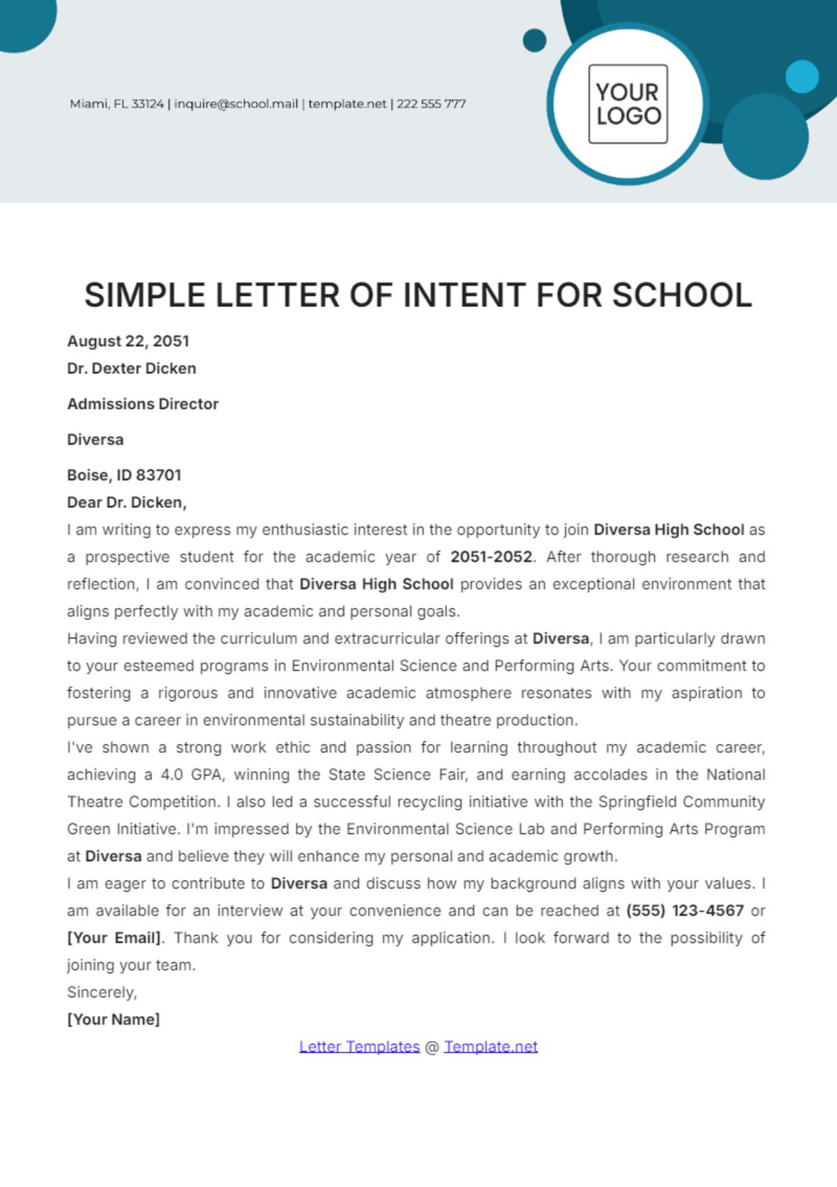 Simple Letter of Intent for School Template - Edit Online & Download