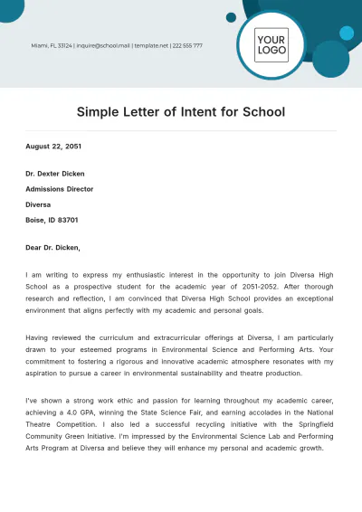 Free Simple Letter of Intent for School Template to Edit Online