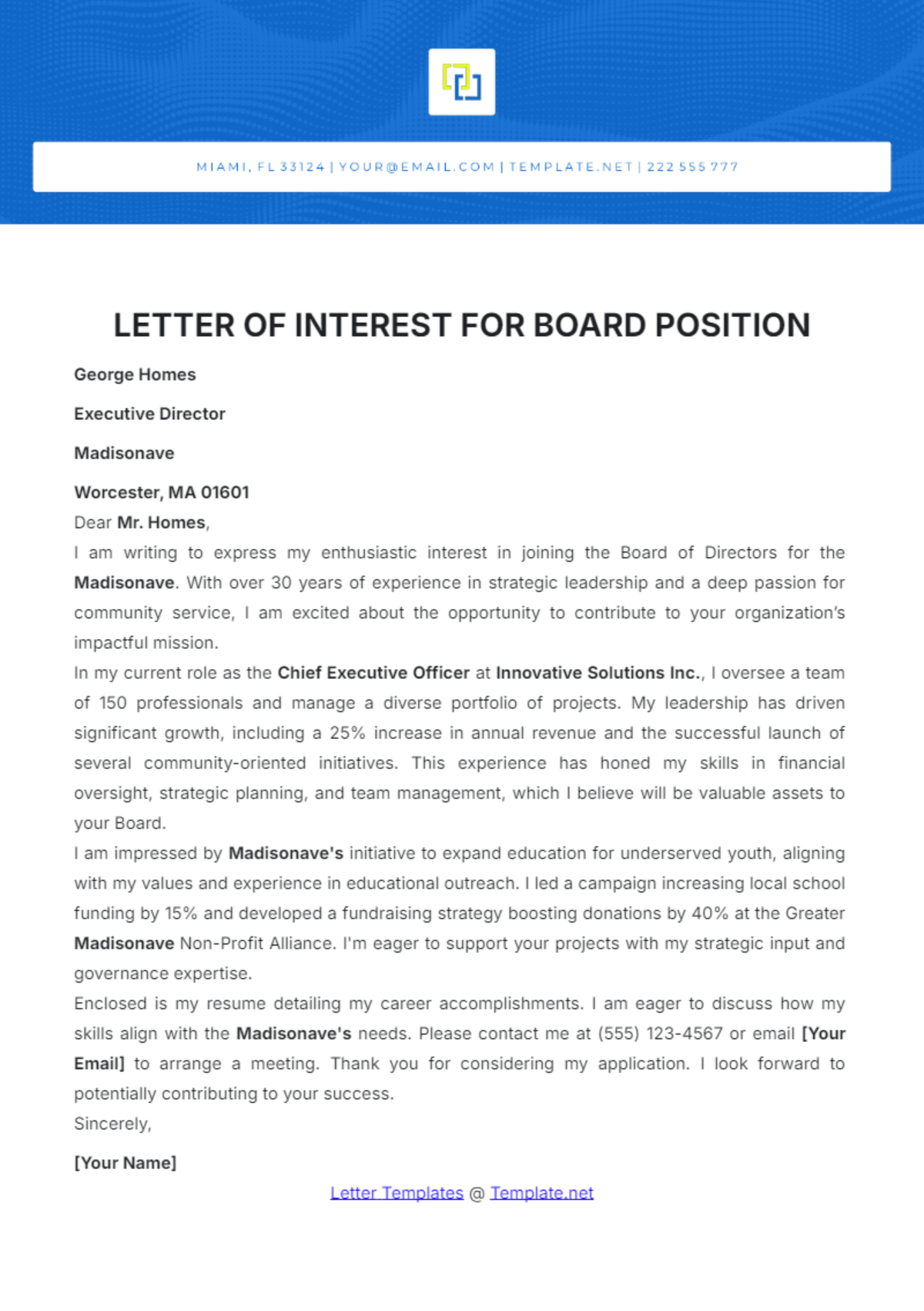 Letter of Interest for Board Position Template - Edit Online & Download