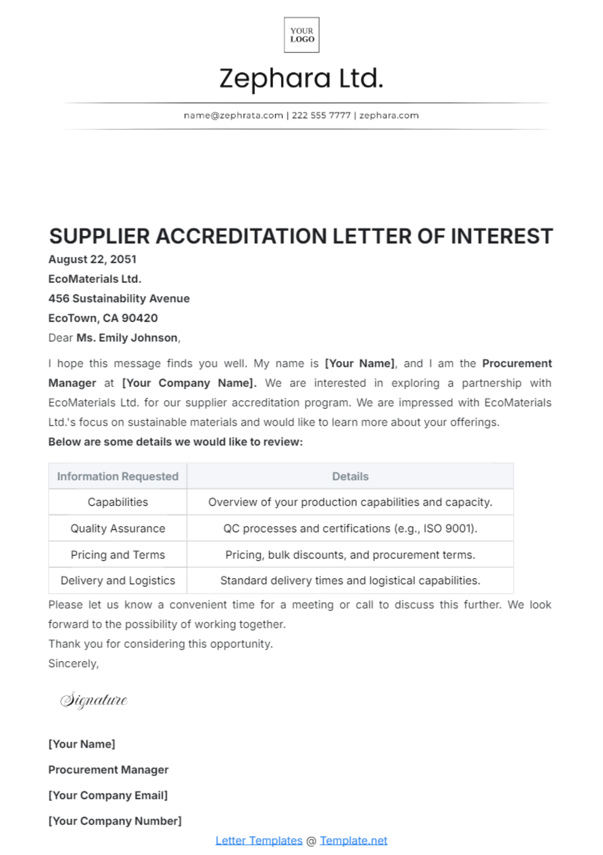 Supplier Accreditation Letter of Interest Template