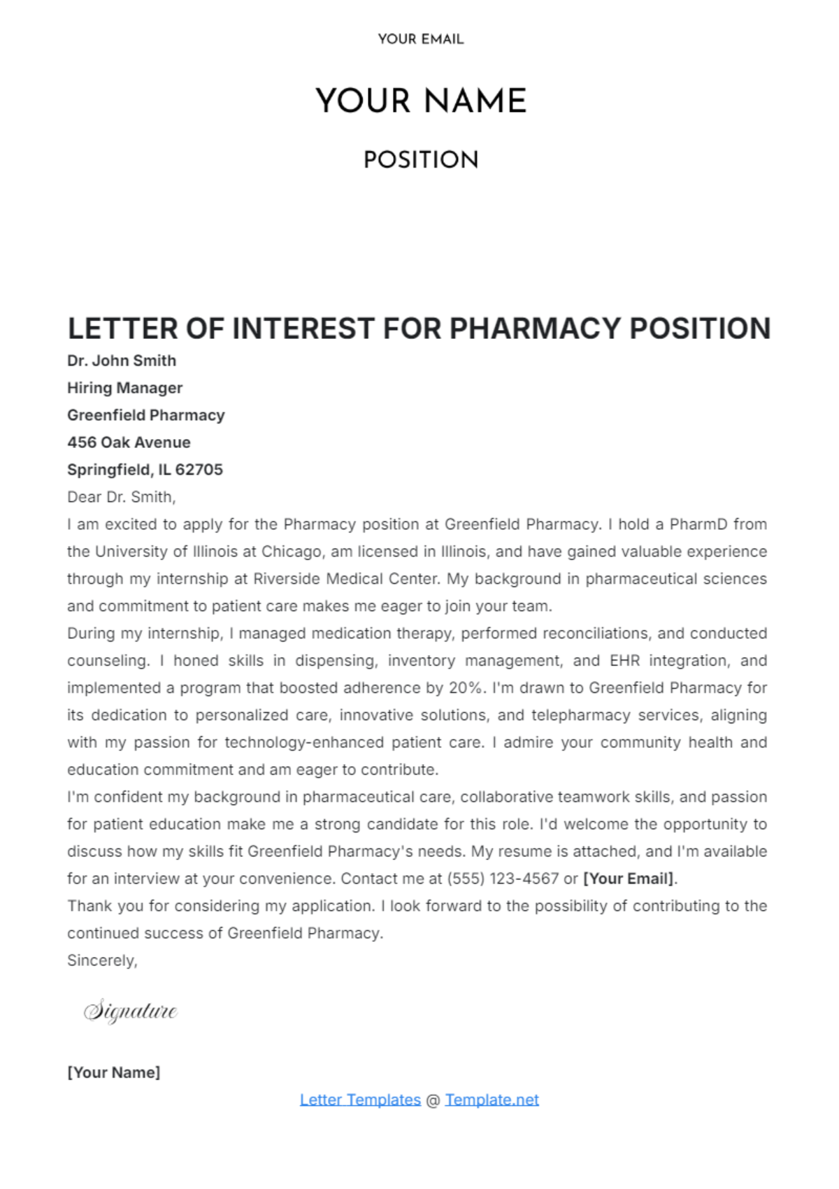 Letter of Interest for Pharmacy Position Template