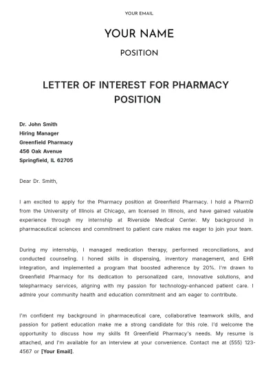 Free Letter of Interest for Pharmacy Position Template to Edit Online