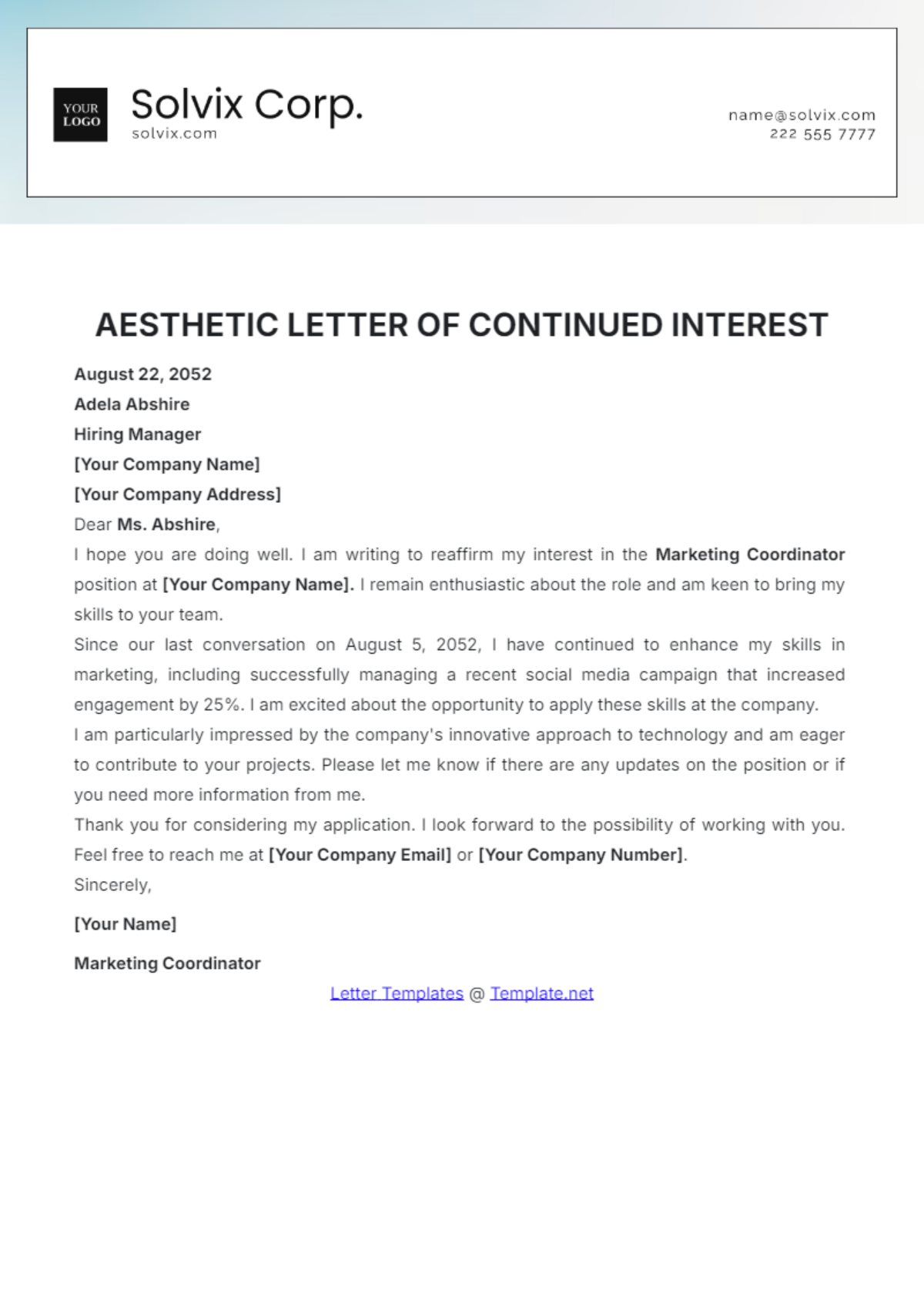 Aesthetic Letter of Continued Interest Template - Edit Online & Download