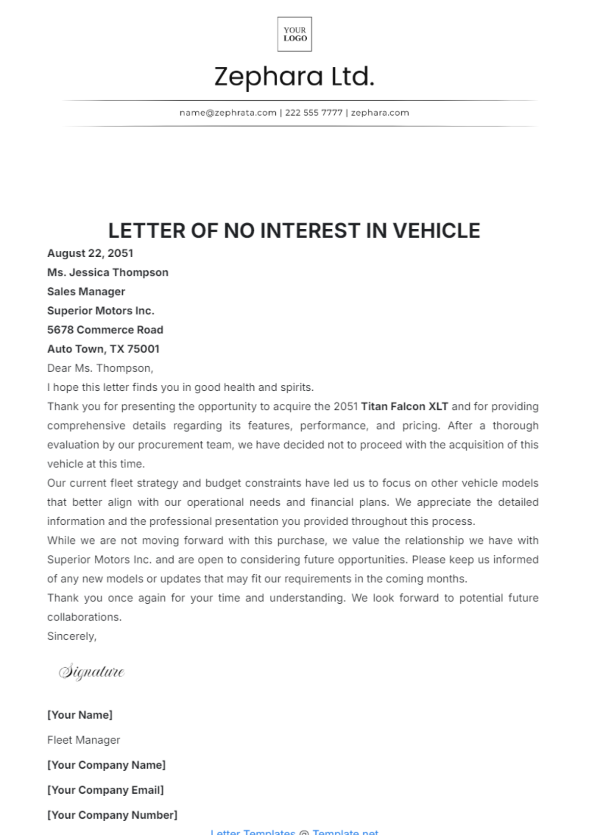 Letter of No Interest in Vehicle Template