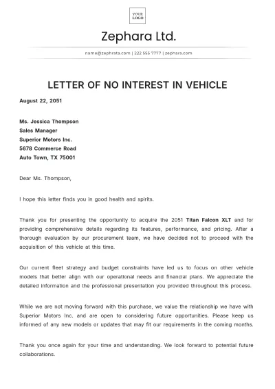 Free Letter of No Interest in Vehicle Template to Edit Online