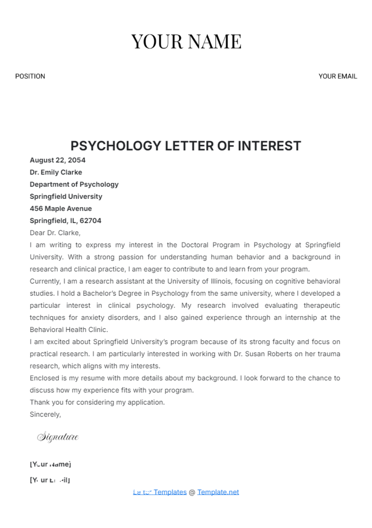 Psychology Letter of Interest Template - Edit Online & Download