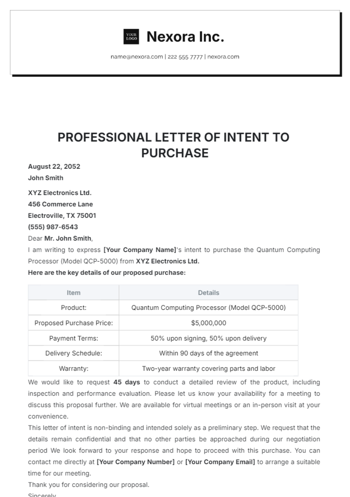 Professional Letter of Intent to Purchase Template - Edit Online & Download