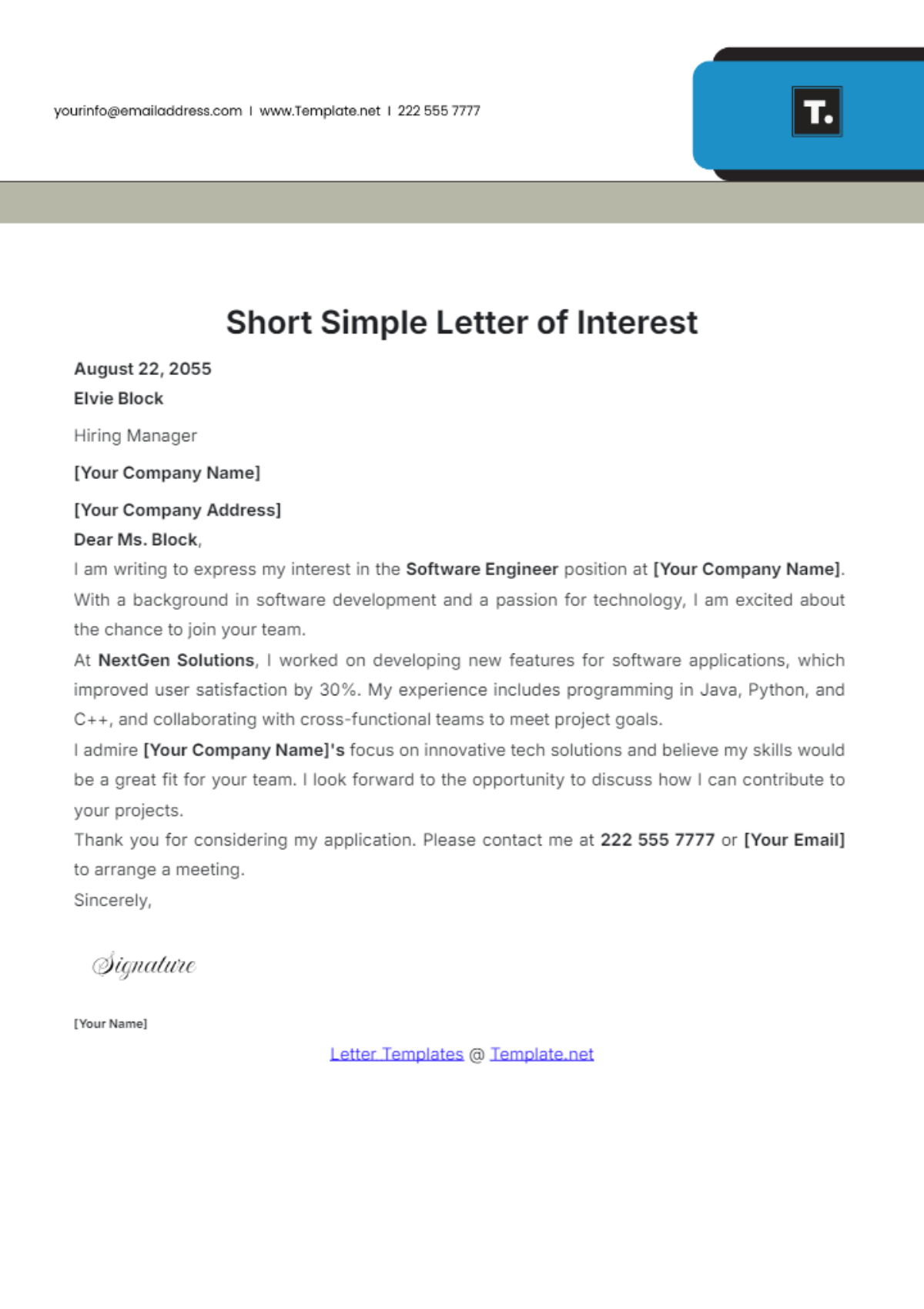 Short Simple Letter of Interest Template - Edit Online & Download