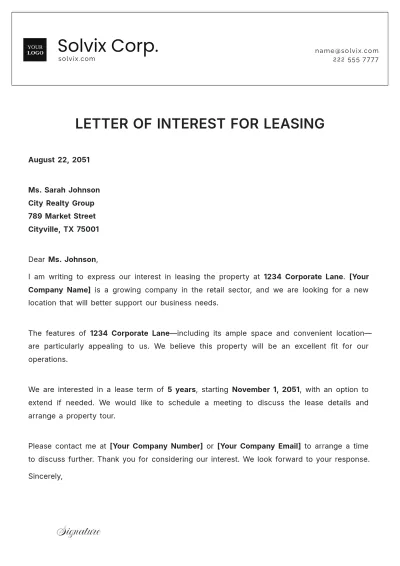 Free Letter of Interest for Leasing Template to Edit Online