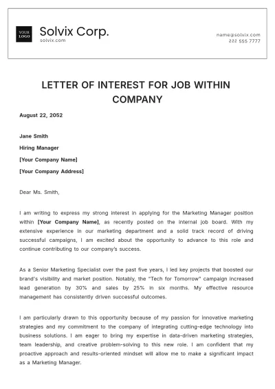 Free Letter of Interest for Job within Company Template to Edit Online