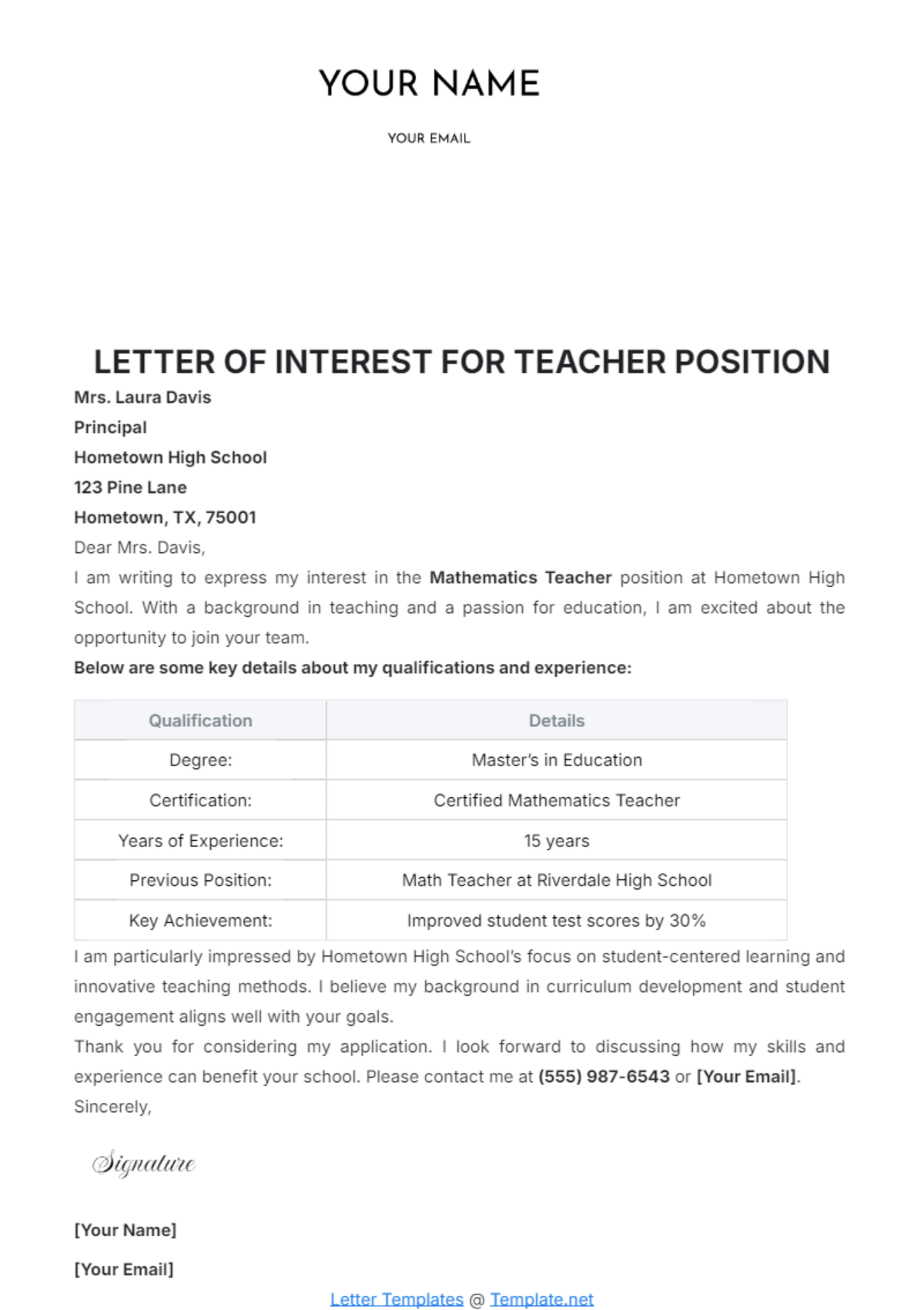 Letter of Interest for Teacher Position Template