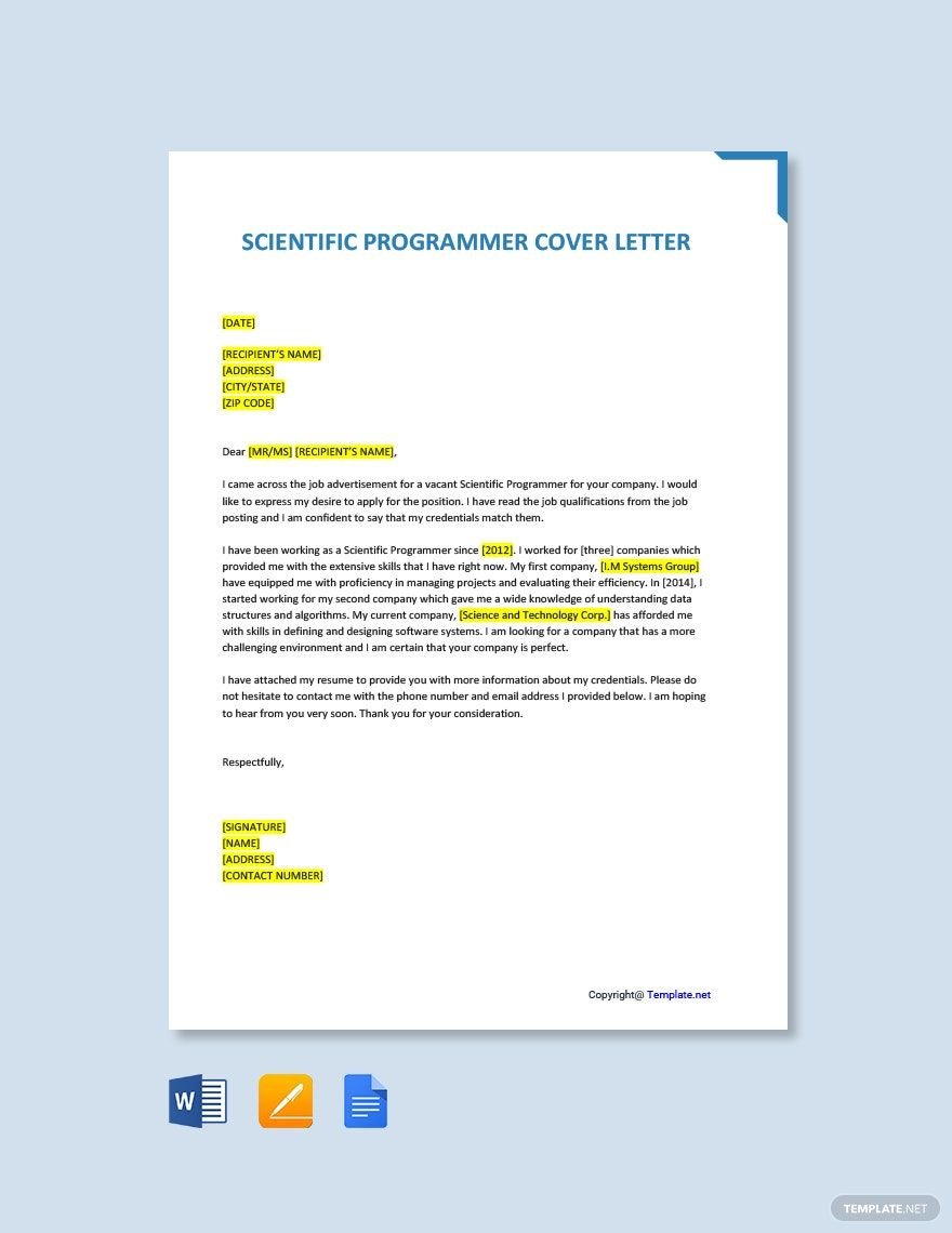 Scientific Programmer Cover Letter Template in Word, Google Docs, PDF, Apple Pages