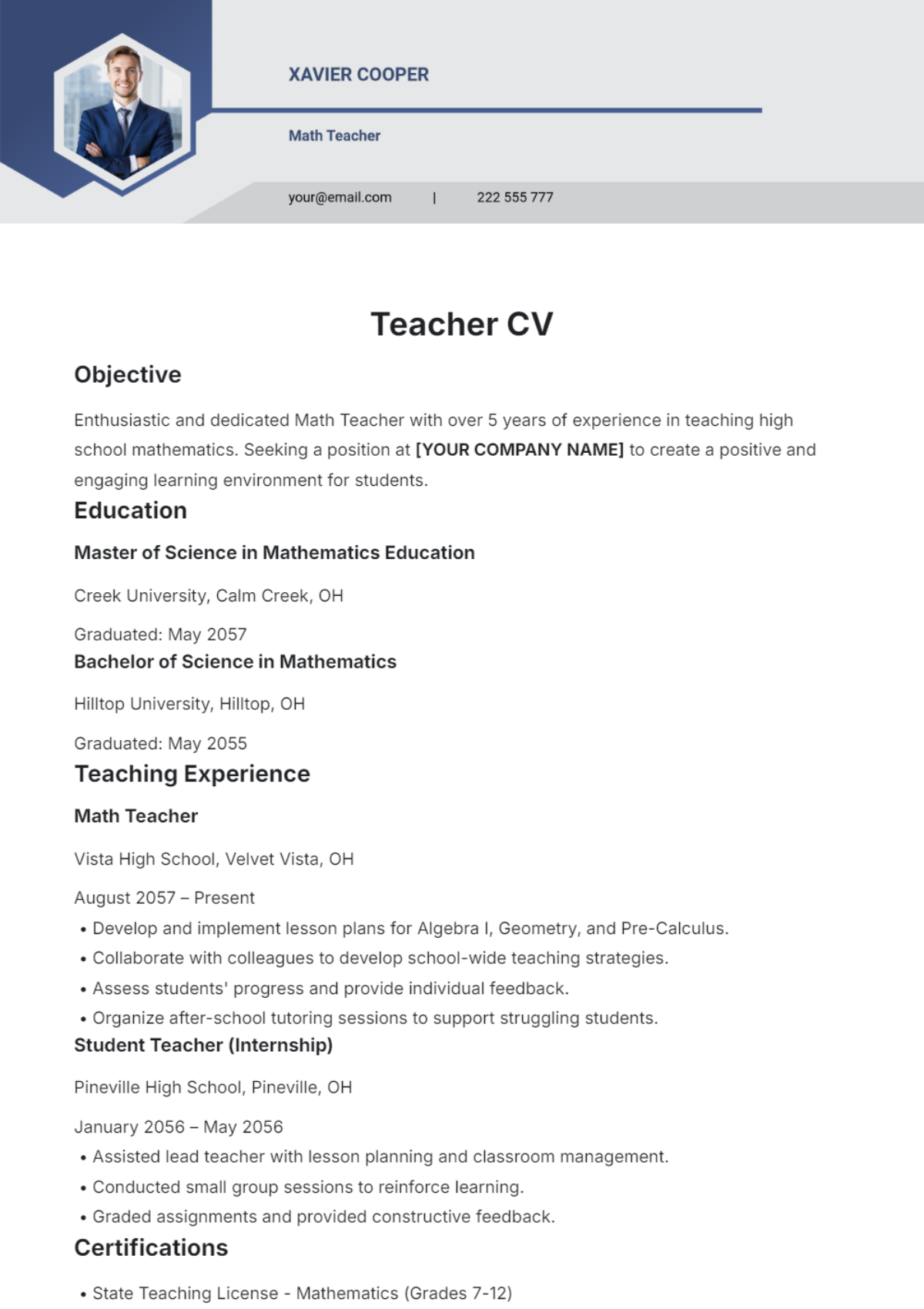 Teacher CV Template - Edit Online & Download