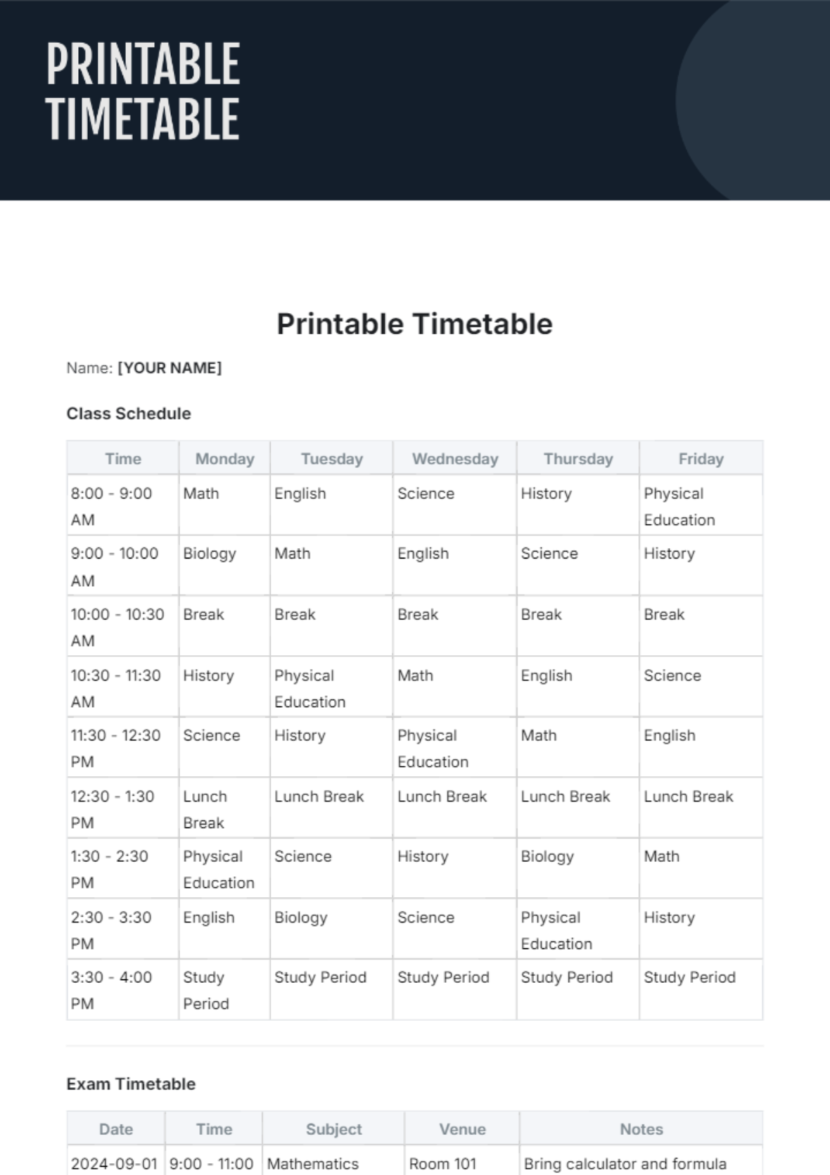 Printable Timetable Template